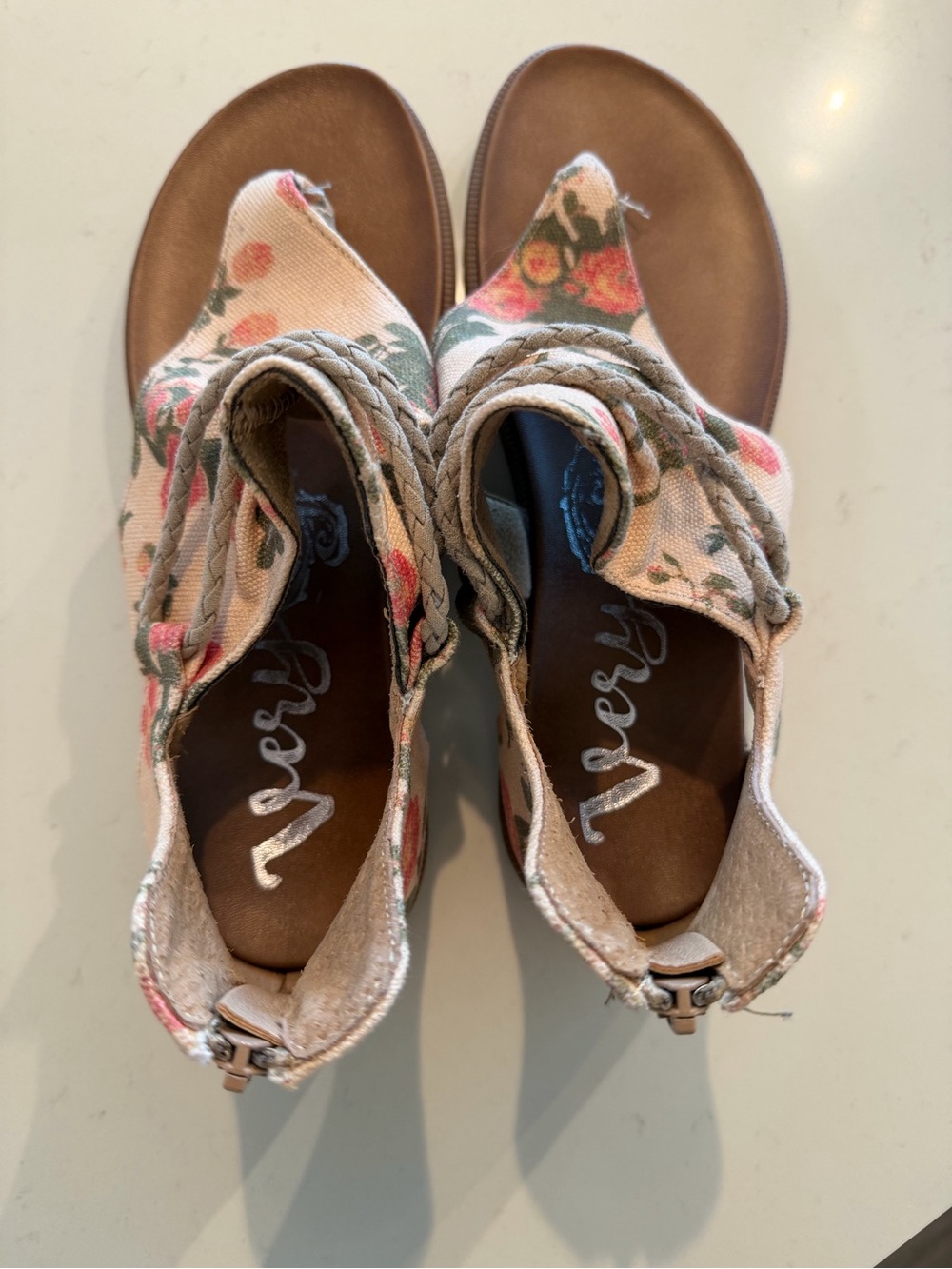Very G Floral Canvas Braided Slingback Sandals in Pink and Tan